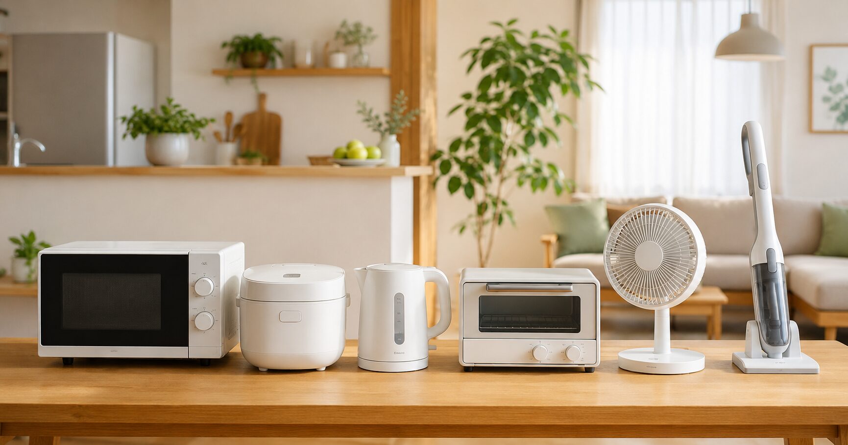 ジェネリック家電のイメージとして、電子レンジ・炊飯器・電気ケトル・トースター・扇風機・掃除機が並ぶ明るいリビングキッチン