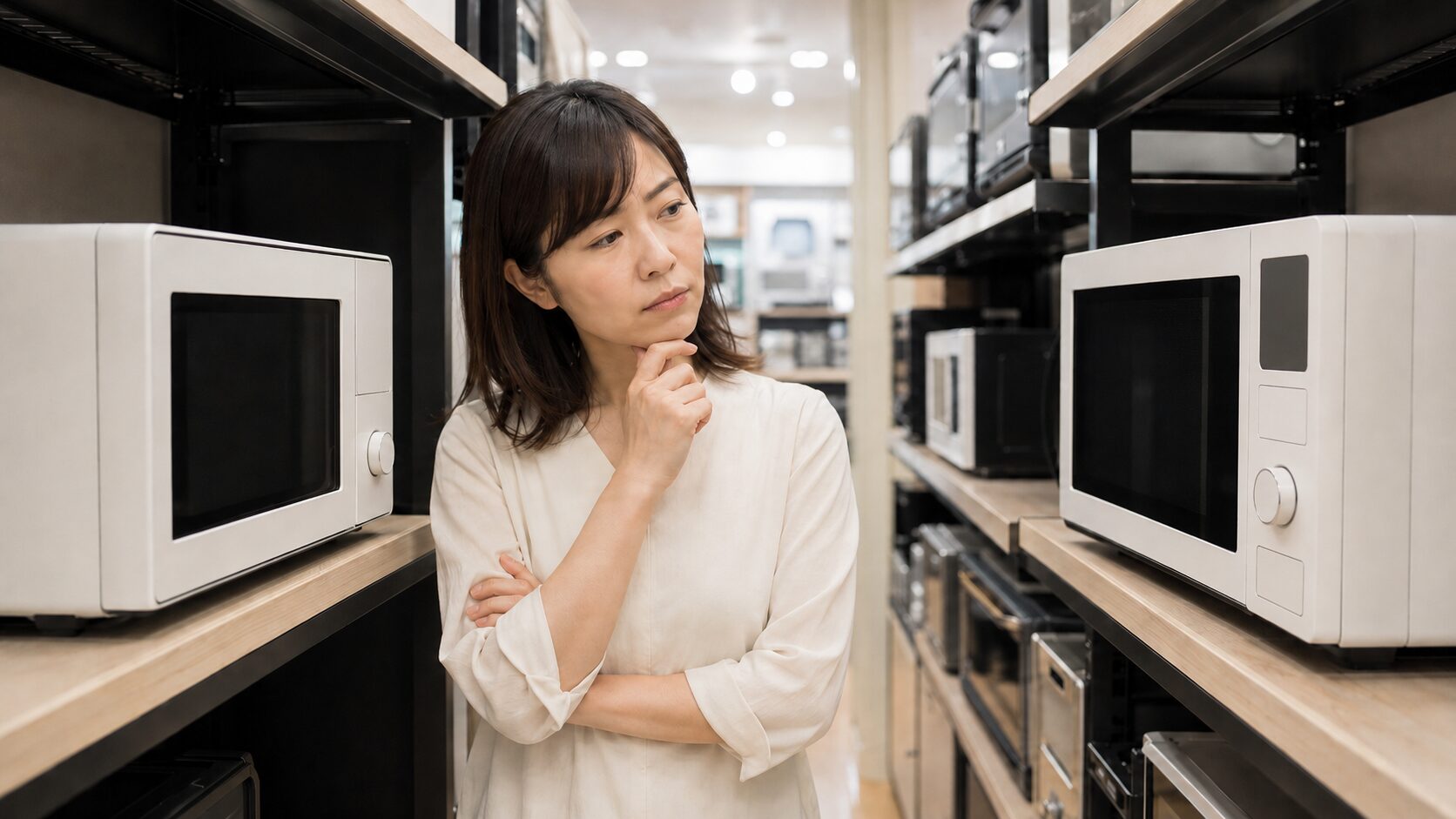 家電量販店でシンプルな電子レンジを比較検討する日本人女性