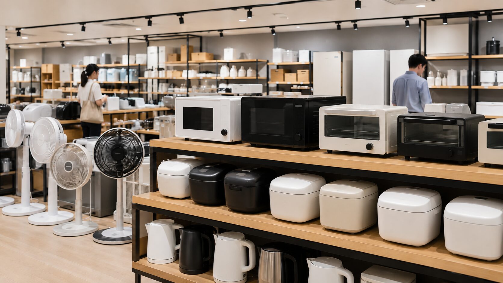 家電量販店に並ぶ電子レンジや炊飯器などのジェネリック家電売り場