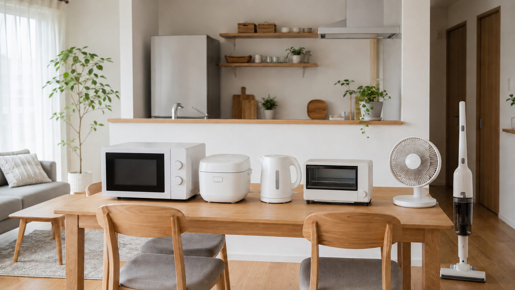 ジェネリック家電のイメージとして、シンプルな電子レンジや炊飯器などが並ぶ明るいキッチン