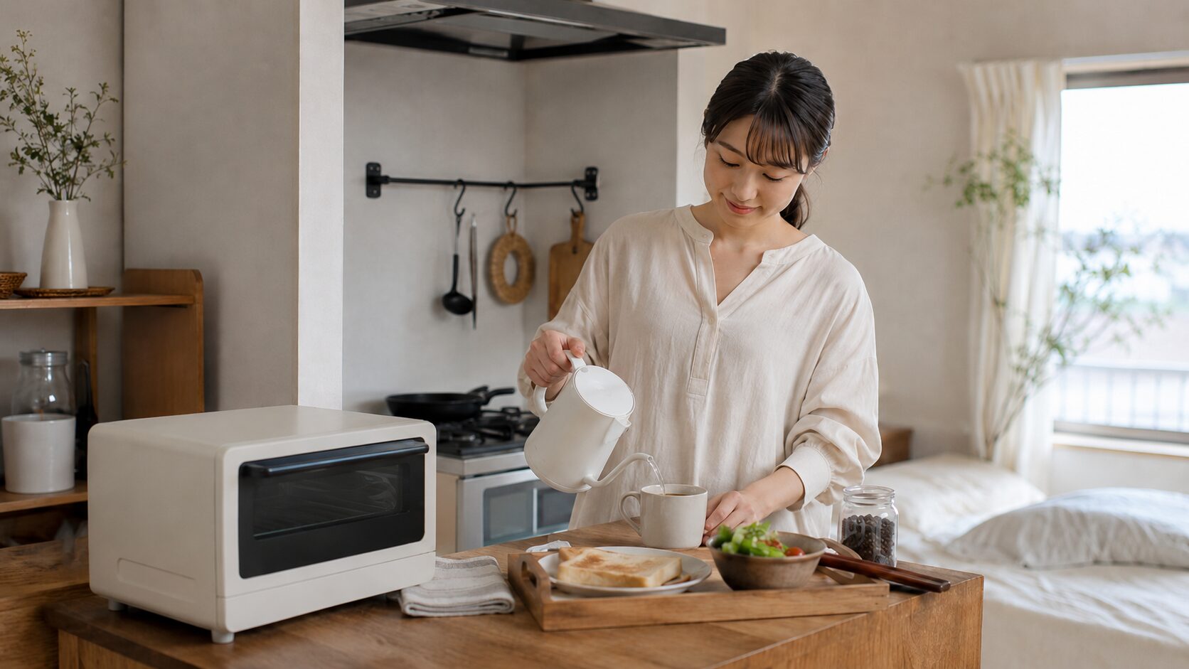 最低限の機能で十分なジェネリック家電を使い朝食を準備する日本人女性